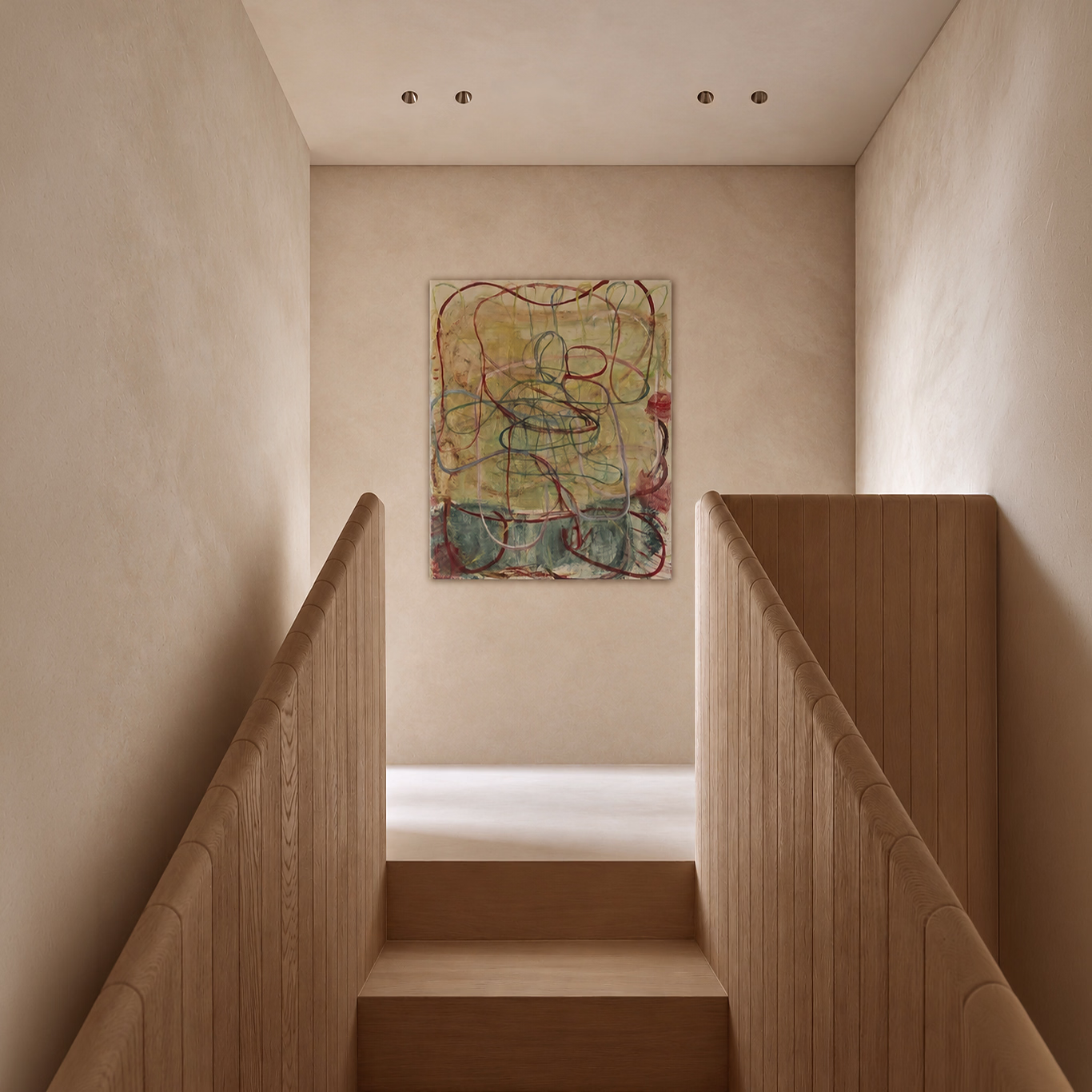 Altbausanierung München – geschwungene Holztreppe mit Blick auf ein Kunstwerk